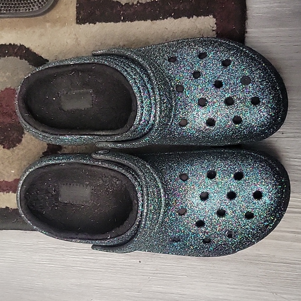 Crocs Classic Glitter Clogs Womens 12 Mens 10 Green/Blue Multicolor - Near New